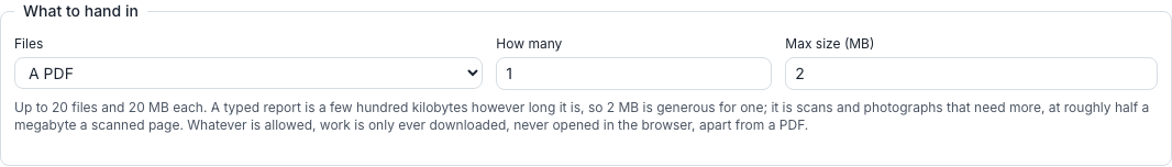 The What to hand in setting on a written task: which kind of file, how many and how big