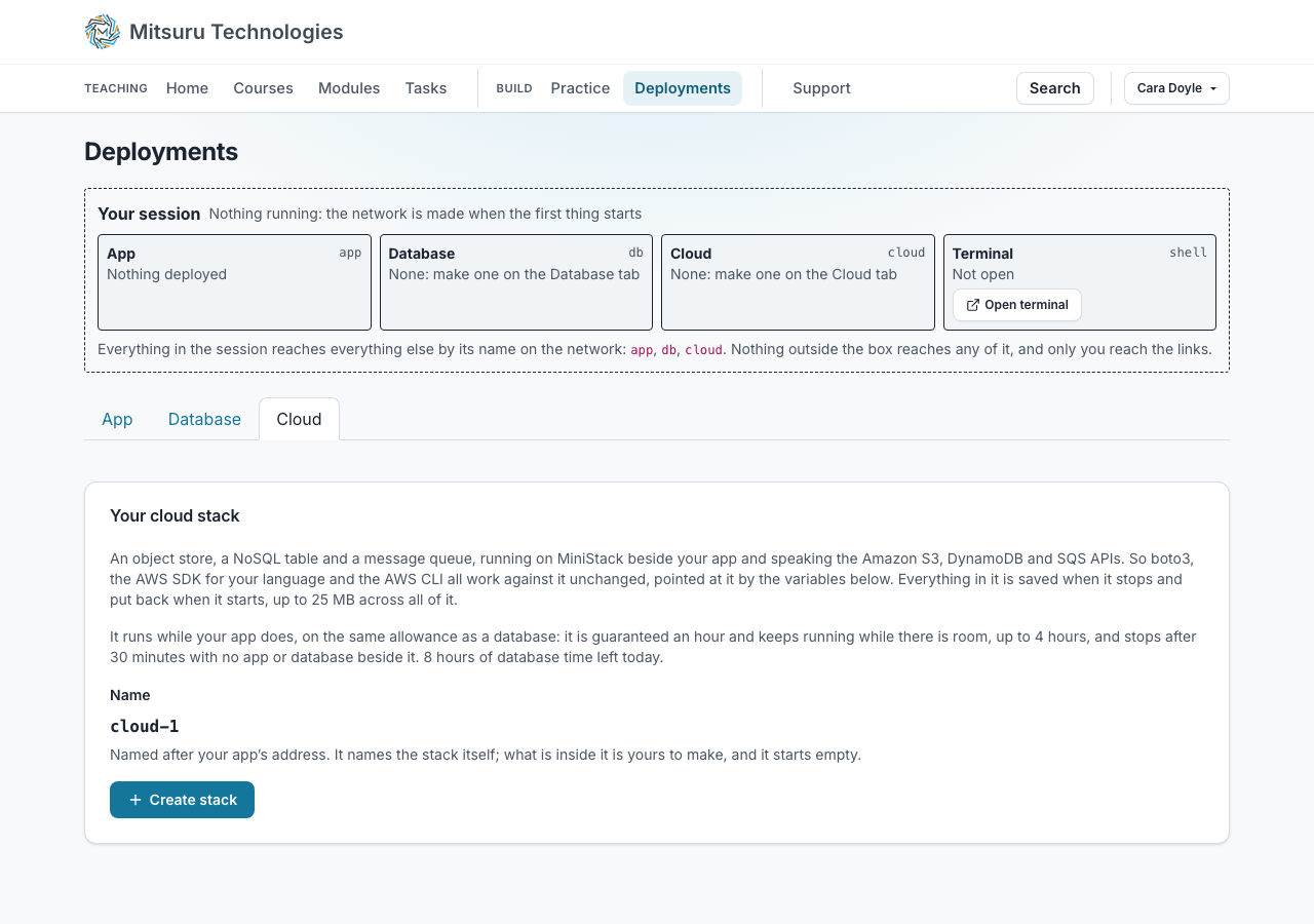 A student's Cloud tab, showing their session with an app, a database, a cloud stack and a terminal, and a button to create a stack