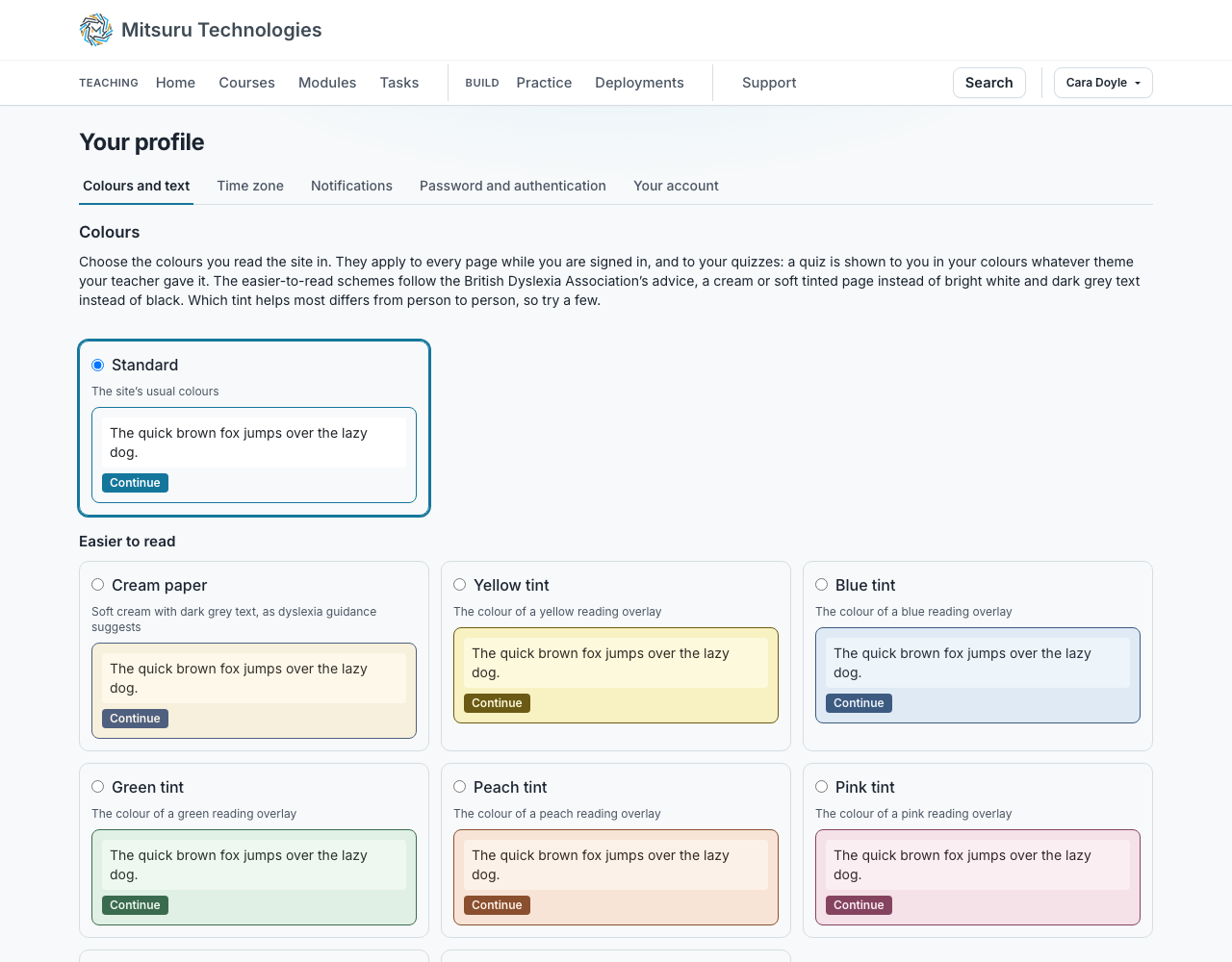 The Colours and text tab on a profile, showing the standard colours and six easier-to-read schemes each drawn in its own colours