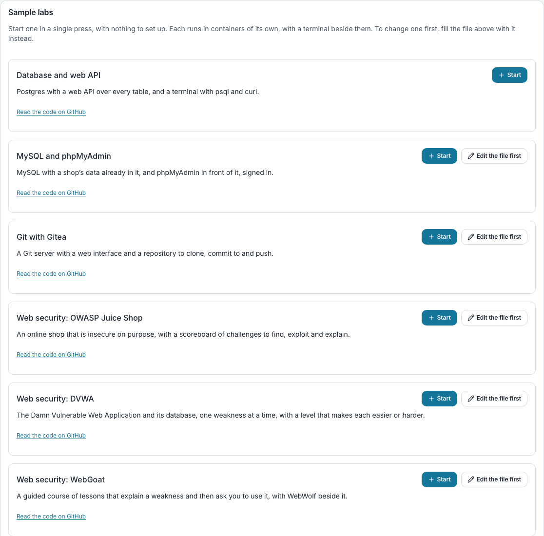 The Sample labs card on the Container page, listing each ready-made lab with a Start button, an Edit the file first button and a link to its code on GitHub