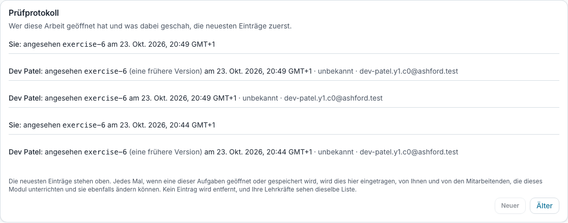 Die Ansicht von Lernenden darauf, wer ihre Arbeit geöffnet hat: der Name einer Lehrkraft, was sie getan hat, bei welcher Aufgabe und wann
