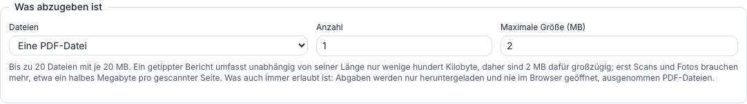 Die Einstellung „Was abzugeben ist“ bei einer schriftlichen Aufgabe: welche Art von Datei, wie viele und wie groß
