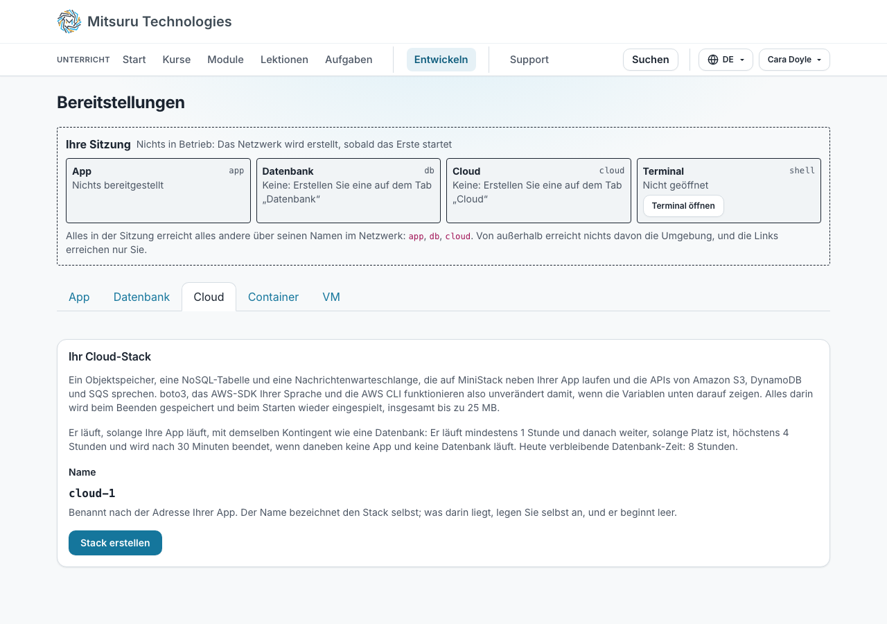 Der Tab „Cloud“ einer lernenden Person, mit ihrer Sitzung aus App, Datenbank, Cloud-Stack und Terminal und einer Schaltfläche zum Anlegen eines Stacks