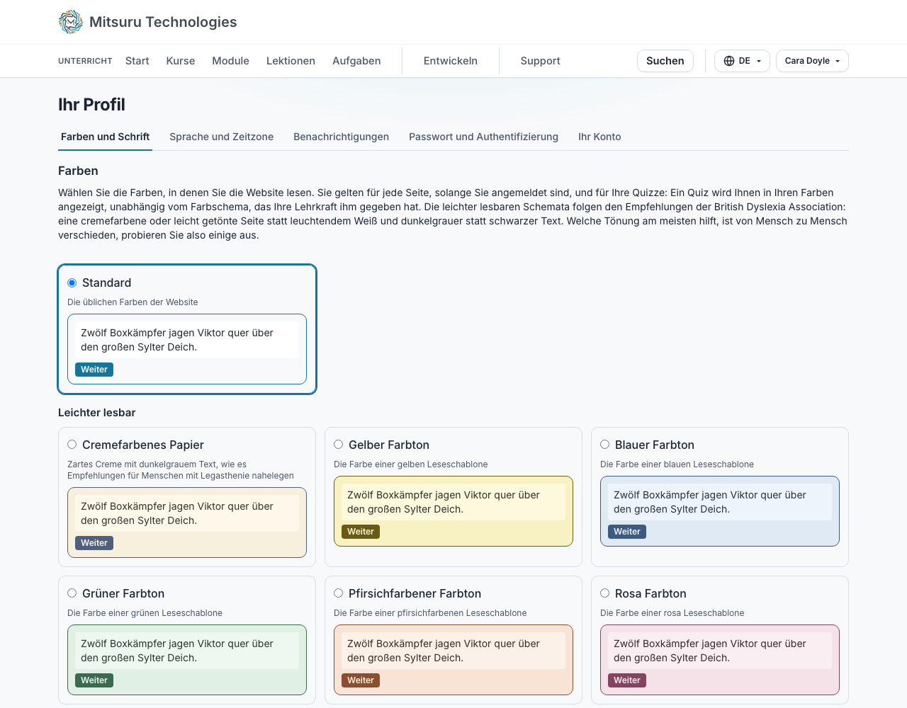 Der Tab „Farben und Schrift“ in einem Profil mit den Standardfarben und sechs leichter lesbaren Schemata, jedes in seinen eigenen Farben dargestellt