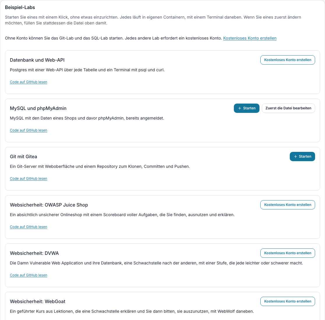 Die Karte „Beispiel-Labs“ auf der Seite „Container“, die jedes fertige Lab mit der Schaltfläche „Starten“, der Schaltfläche „Zuerst die Datei bearbeiten“ und einem Link zu seinem Code auf GitHub auflistet