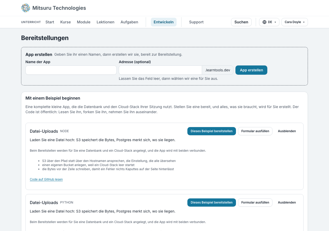 Das Bereitstellungsformular: ein GitHub-Repository, ein Branch, eine Sprache, ein Build-Befehl und ein Startbefehl