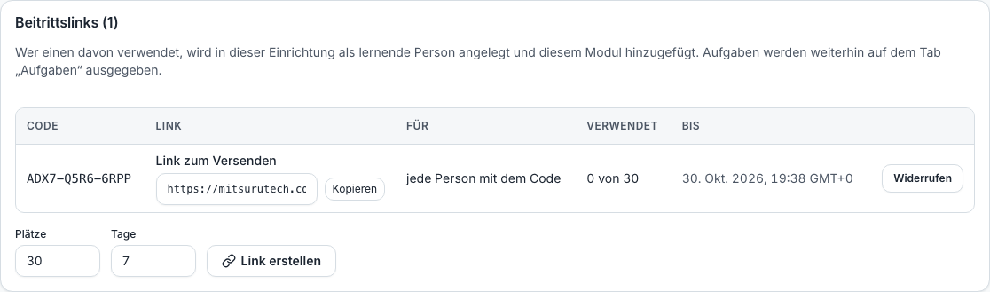 Der Bereich „Beitrittslinks“ eines Moduls mit zwei Links, ihren Codes, den jeweils verbleibenden Plätzen und dem Ablaufdatum