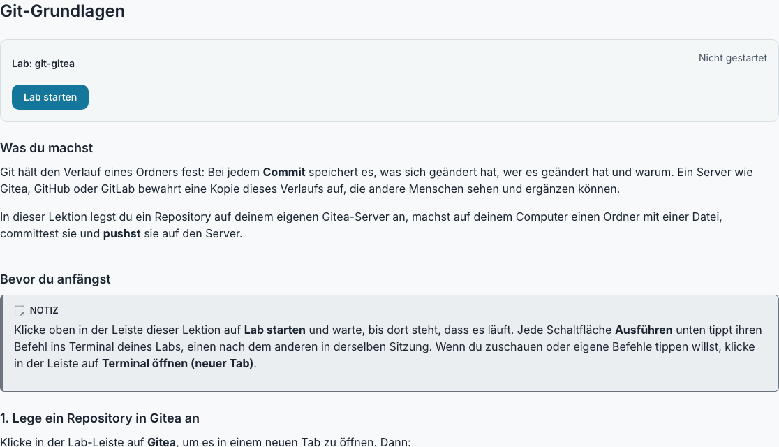 Die Lab-Leiste am Anfang einer in ein Lab eingearbeiteten Lektion, unter dem Titel der Lektion, mit der Schaltfläche „Das Lab starten“ und den ersten Schritten der Lektion darunter