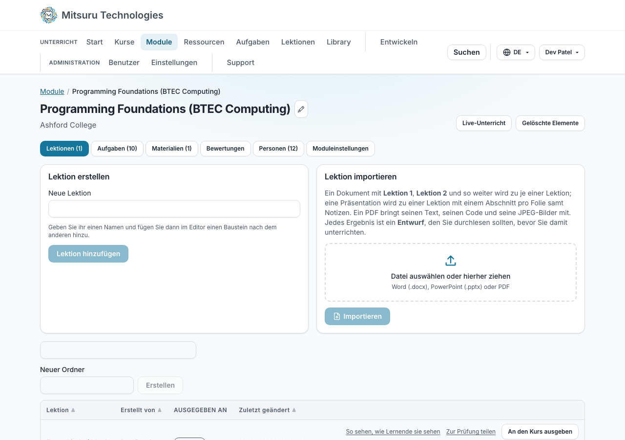 Der Tab „Lektionen“ eines Moduls, mit einem Feld zum Benennen einer neuen Lektion, einer Stelle zum Importieren eines Dokuments und den Lektionen des Moduls in einer Tabelle
