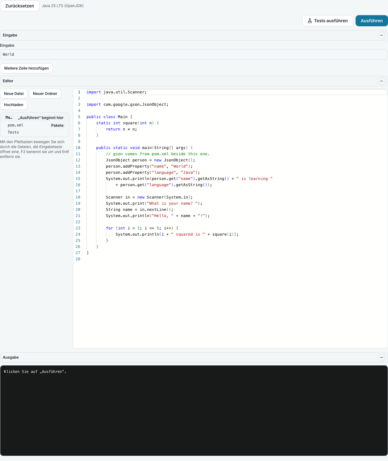 Ein Java-Editor im Browser mit einer geöffneten Klasse und einer Schaltfläche „Ausführen“