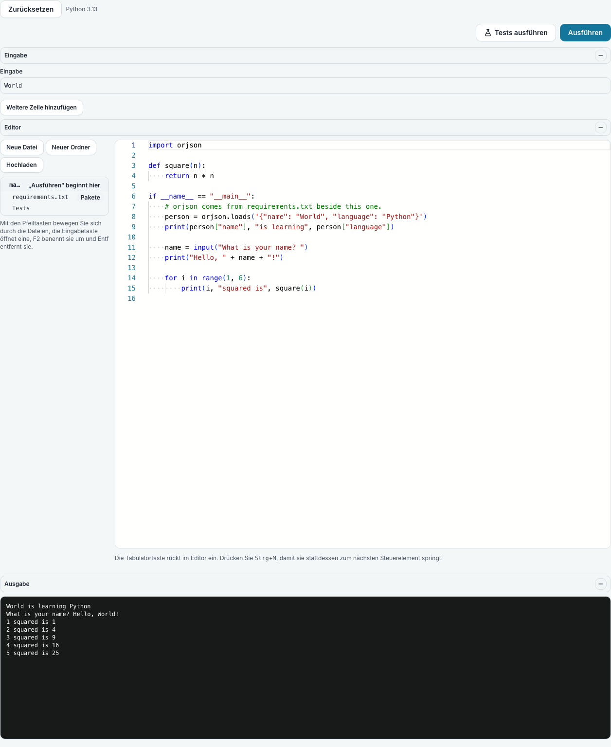 Die öffentliche Testumgebung mit einem Python-Programm, der Eingabe, die es erhalten hat, und der Ausgabe, die es ausgegeben hat: fünf Zeilen mit Quadratzahlen
