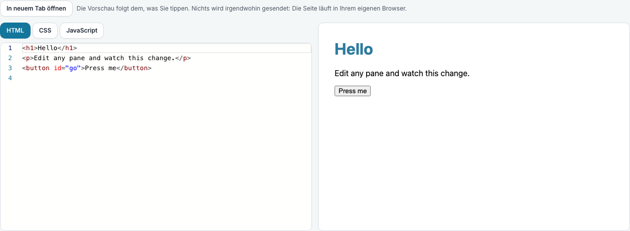 Ein Editor für HTML, CSS und JavaScript in drei Tabs, daneben die Seite, die daraus entsteht