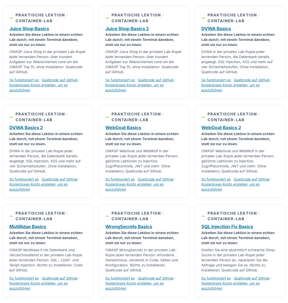 Der Bereich „Praktische Labs“ der Seite mit den kostenlosen Ressourcen: eine Themenüberschrift mit einer Karte für jedes Websicherheits-Lab, jede Karte nennt ihre kostenlosen Lektionen und verlinkt auf ihre Handbuchseite und ihren Code