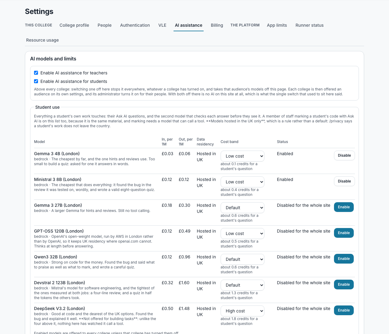 Die KI-Einstellungen mit einer Tabelle der Modelle samt Kosten und Standort der Verarbeitung und den monatlichen Credits für Mitarbeitende und Lernende