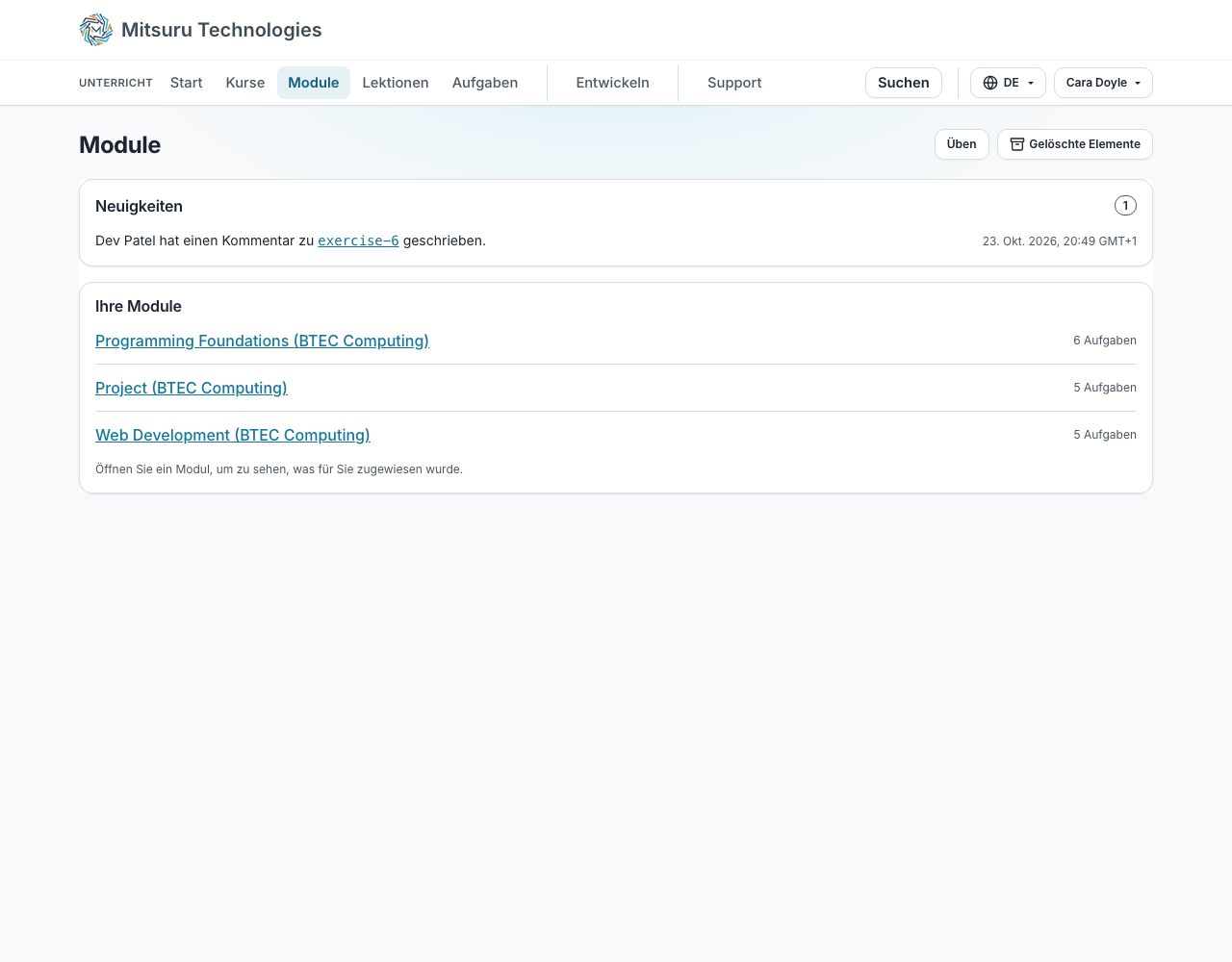 Die Modulseite einer oder eines Lernenden, oben das Neue, darunter ihre Module und Aufgaben