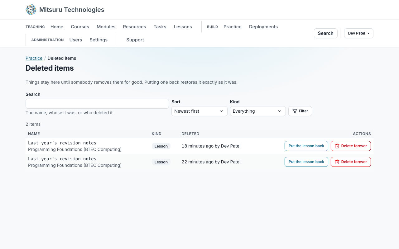 The Deleted items page, listing a removed lesson with Put the lesson back and Delete forever beside it