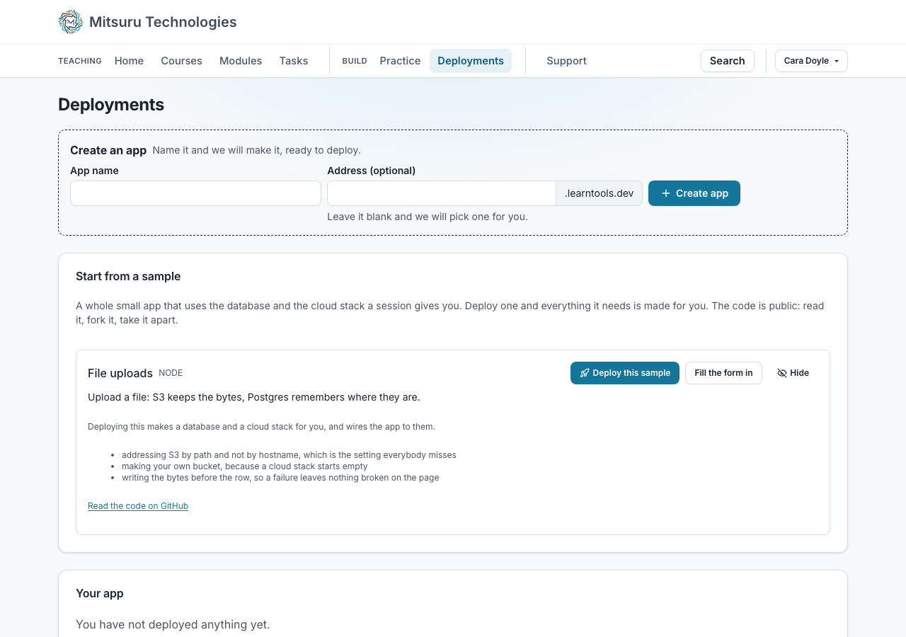 The deploy form: a GitHub repository, a branch, a language, a build command and a start command
