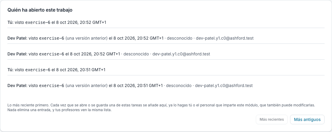 Lo que ve un alumno de quién ha abierto su trabajo: el nombre de un profesor, qué hizo, en qué tarea y cuándo