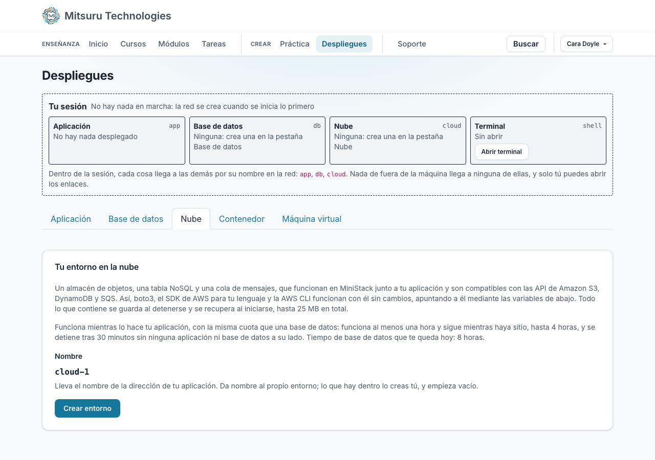 La pestaña «Nube» de un alumno, con su sesión formada por una aplicación, una base de datos, un entorno en la nube y un terminal, y un botón para crear un entorno