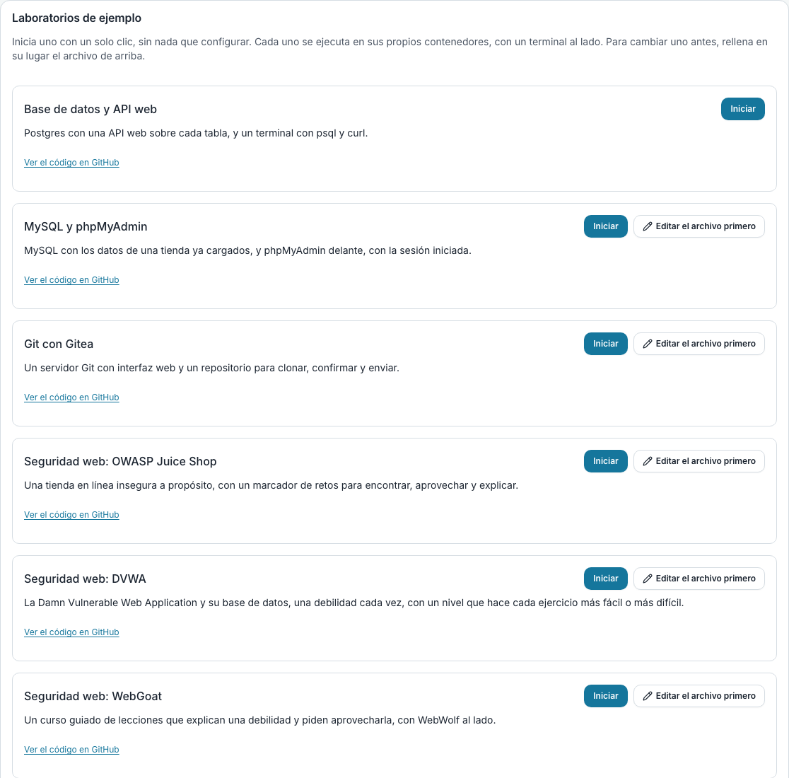 La tarjeta Laboratorios de ejemplo de la página Contenedor, que lista cada laboratorio listo para usar con un botón Iniciar, un botón Editar el archivo primero y un enlace a su código en GitHub