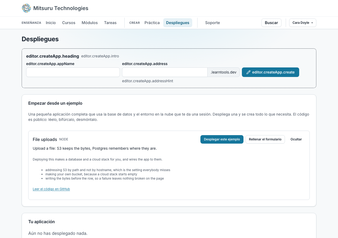 El formulario de despliegue: un repositorio de GitHub, una rama, un lenguaje, un comando de compilación y un comando de inicio