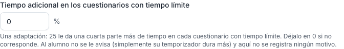 El campo «Tiempo adicional en los cuestionarios con tiempo límite» en la cuenta de un alumno, expresado como porcentaje