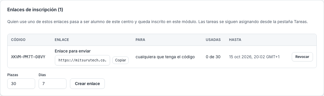 La sección «Enlaces de inscripción» de un módulo, con dos enlaces, sus códigos, cuántas plazas le quedan a cada uno y cuándo caduca cada uno