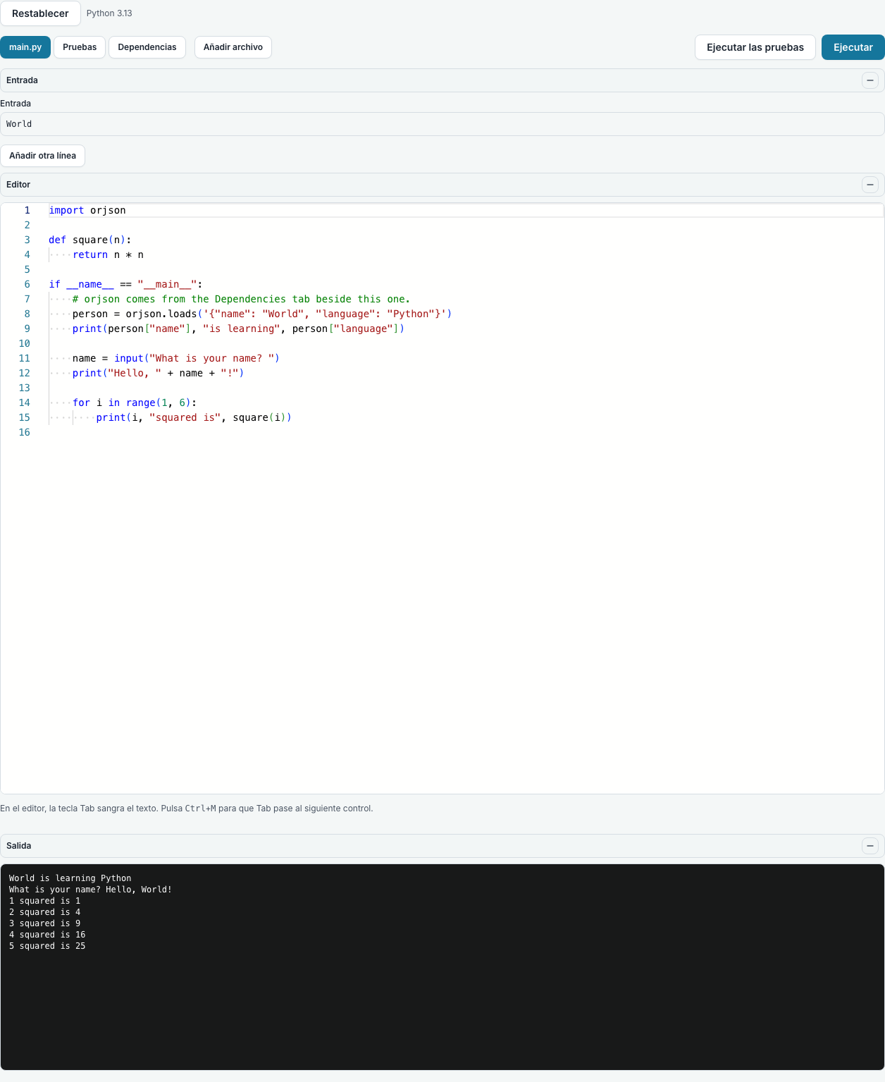 El entorno de pruebas público con un programa de Python, la entrada que se le ha dado y la salida que ha mostrado: cinco líneas de cuadrados