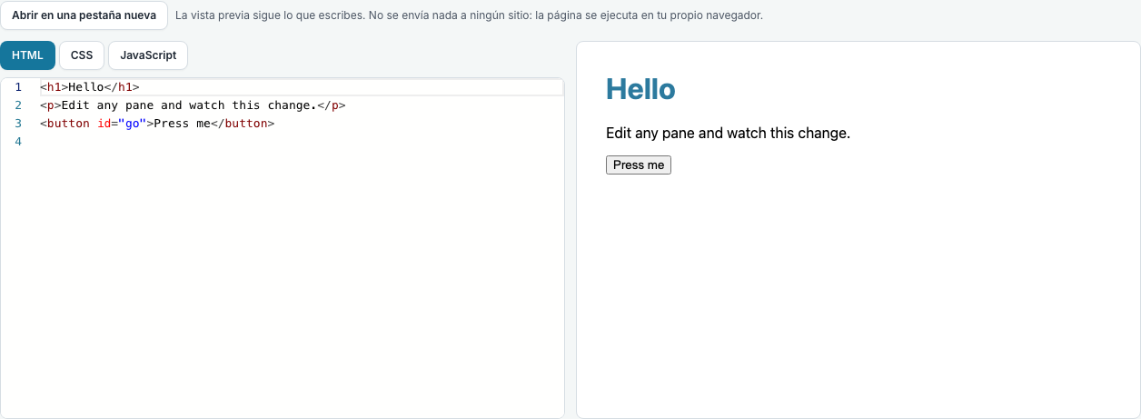 Un editor de HTML, CSS y JavaScript en tres pestañas, con la página resultante mostrada al lado
