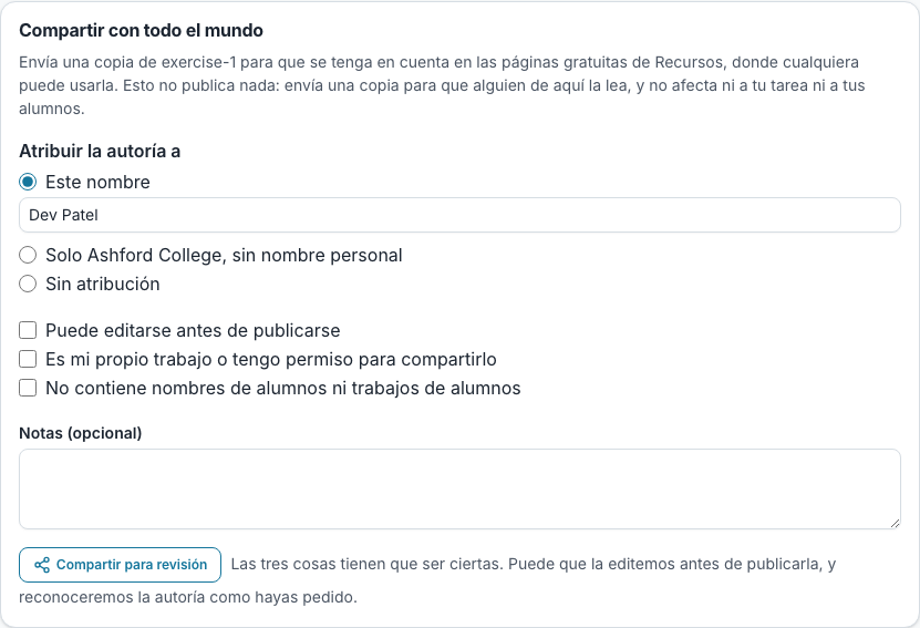 El formulario para compartir una tarea: cómo citar al autor, las tres declaraciones y un botón Compartir para revisión
