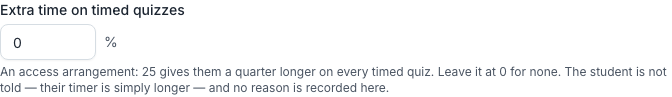 The Extra time on timed quizzes box on a student's account, set as a percentage