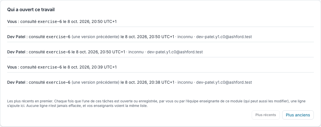Ce qu’un élève voit des personnes qui ont ouvert son travail : le nom d’un enseignant, l’action effectuée, la tâche concernée et la date