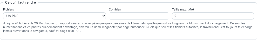 Le réglage « Ce qu’il faut rendre » d’un devoir écrit : quel type de fichier, combien et de quelle taille