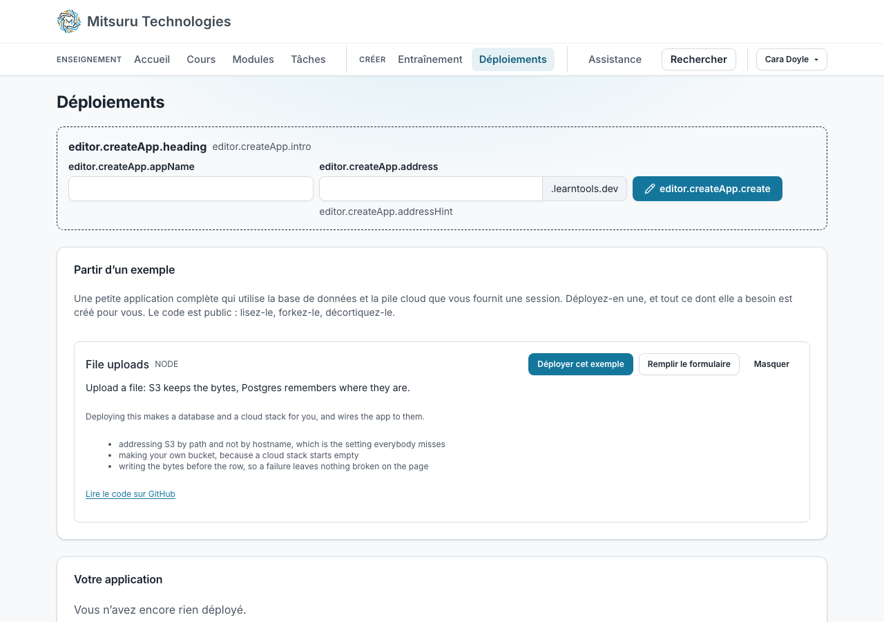 Le formulaire de déploiement : un dépôt GitHub, une branche, un langage, une commande de build et une commande de démarrage