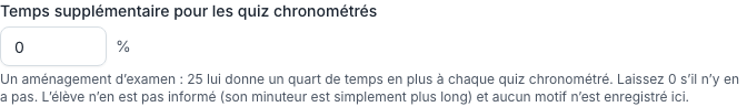 Le champ « Temps supplémentaire pour les quiz chronométrés » du compte d’un élève, exprimé en pourcentage