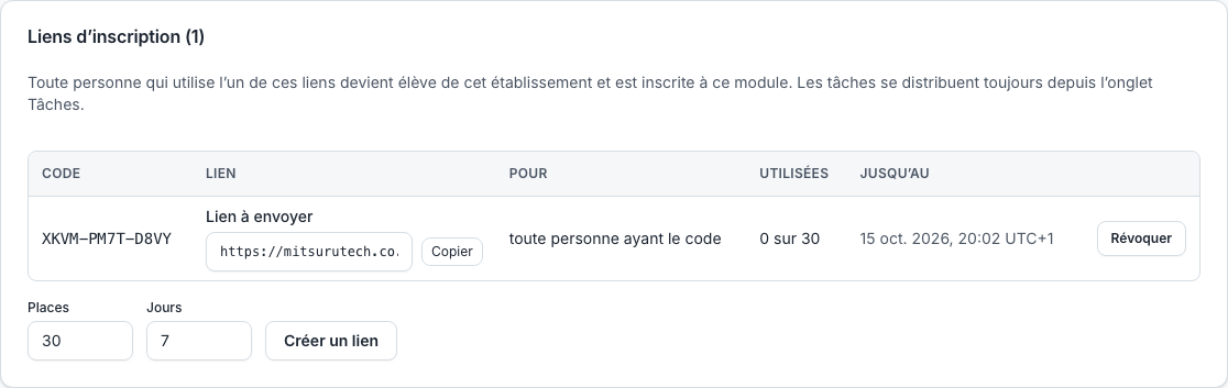 La section « Liens d’inscription » d’un module, avec deux liens, leur code, le nombre de places restantes et leur date d’expiration