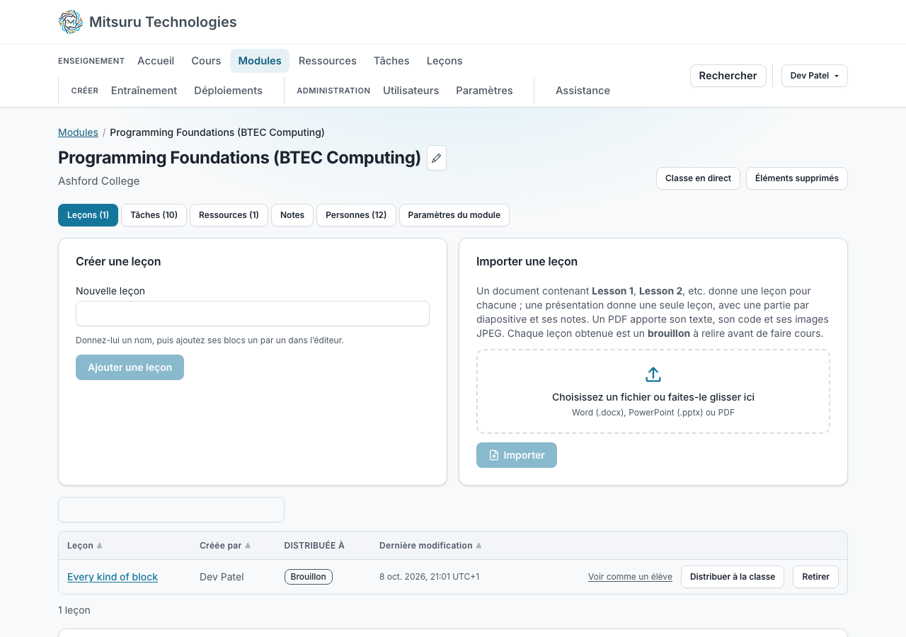 L’onglet Leçons d’un module, avec un champ pour nommer une nouvelle leçon, une zone pour importer un document, et un tableau des leçons du module