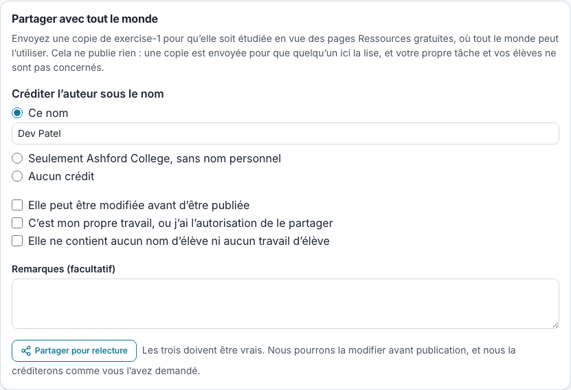 Le formulaire de partage d’une tâche : la façon de citer l’auteur, les trois déclarations et un bouton « Partager pour relecture »