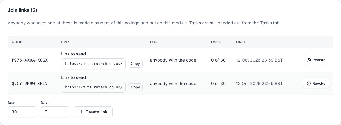 The Join links section of a module, listing two links with their codes, how many places each has left and when each expires