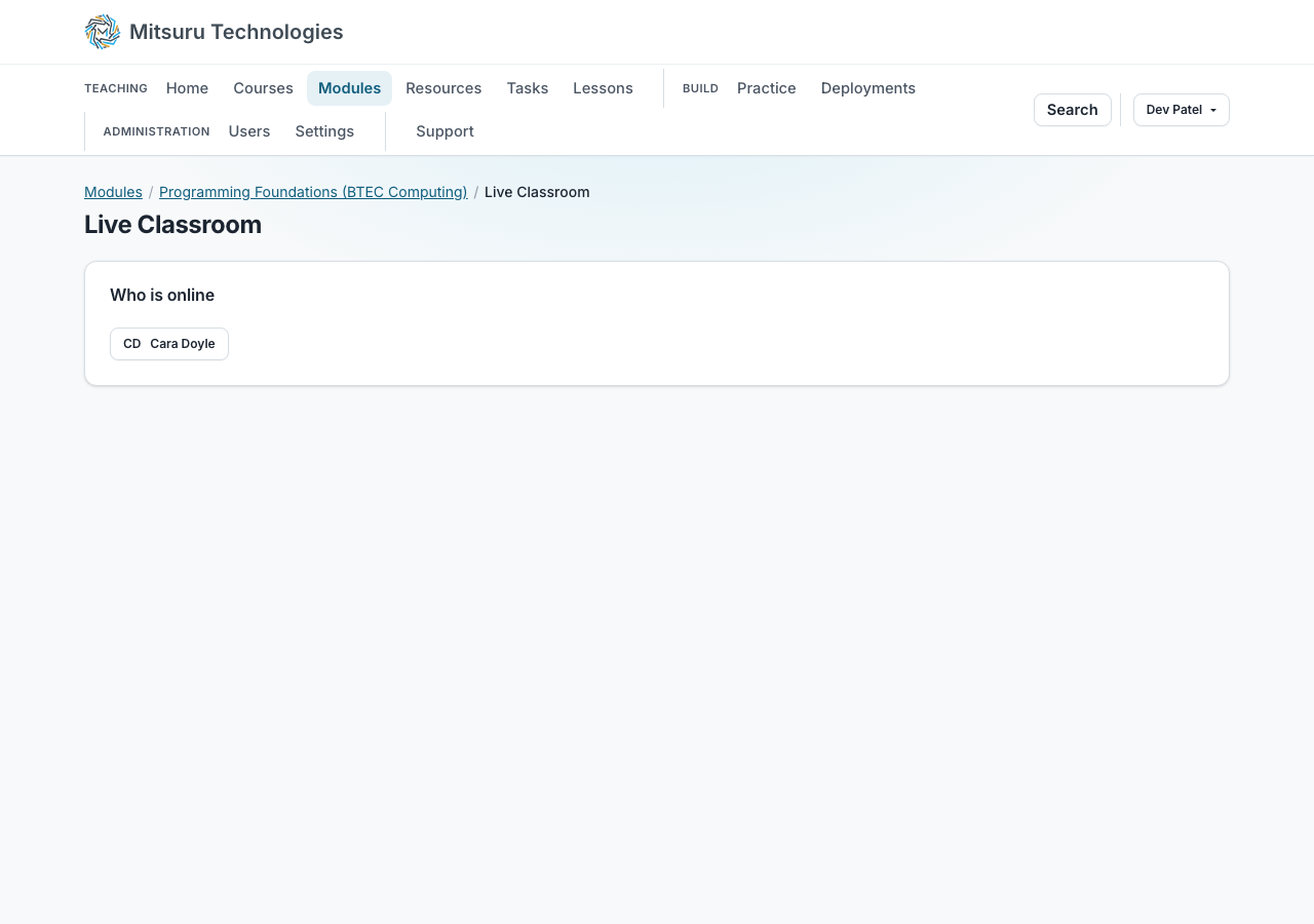 Live Classroom for a module, with one student shown online