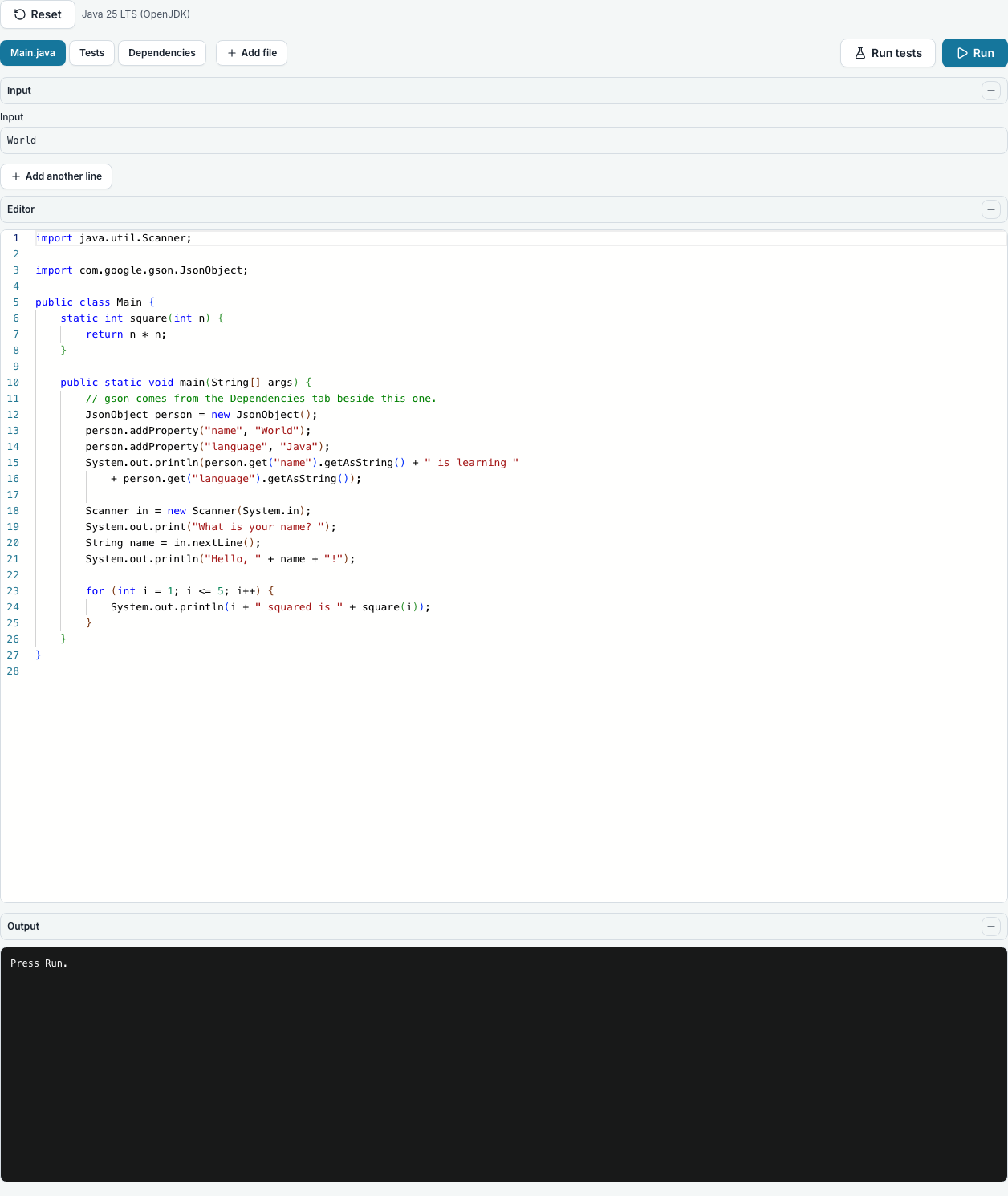 A Java editor in the browser with a class open and a Run button