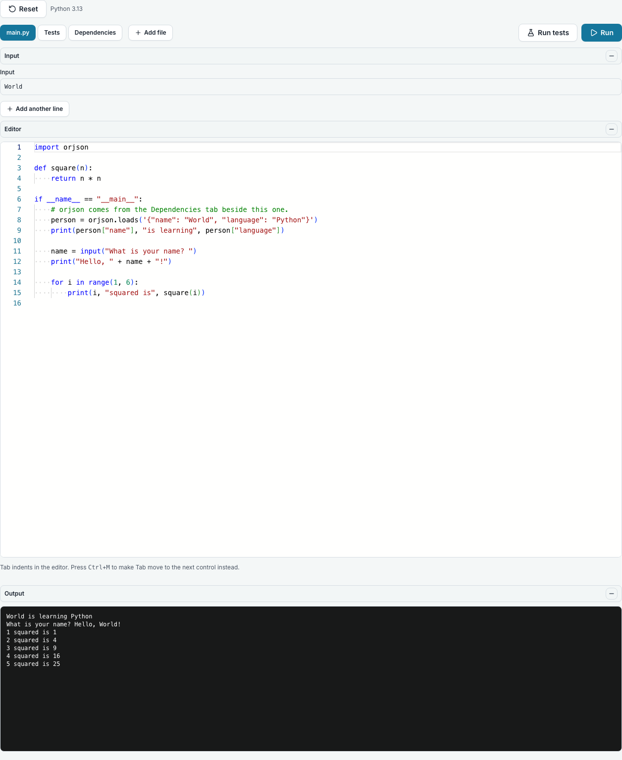 The public playground with a Python program, the input it was given and the output it printed: five lines of squares