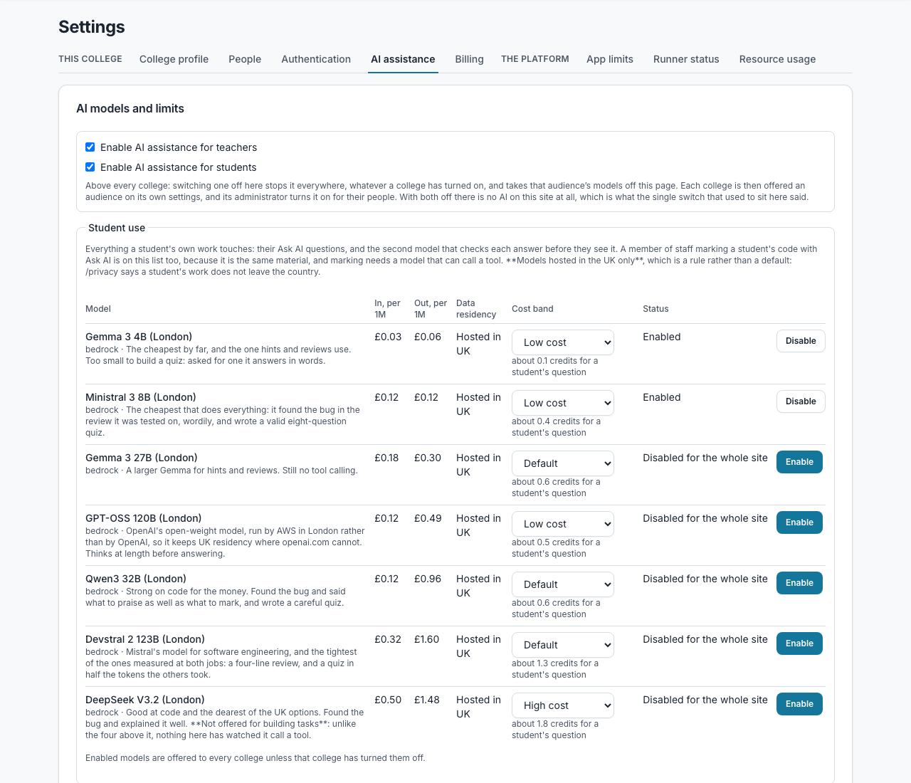The AI settings, showing a table of models with their costs and residency and the monthly credits for staff and students