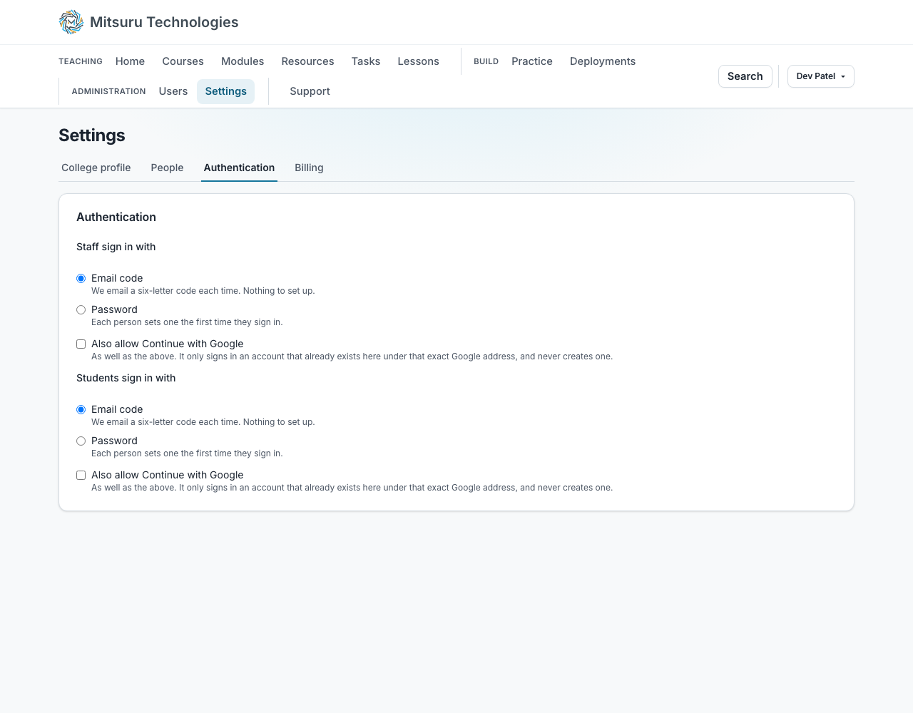 The authentication settings, with the sign-in method chosen separately for staff and for students
