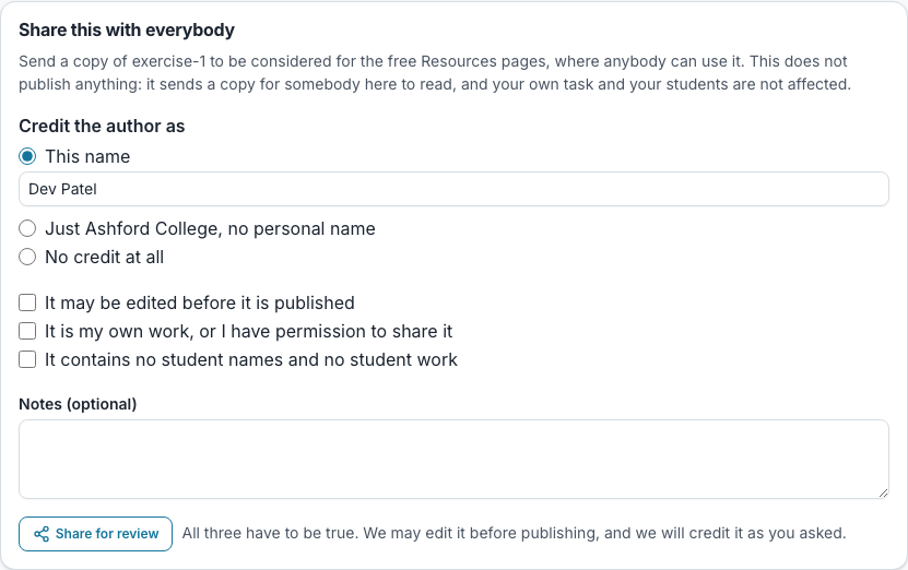 The sharing form on a task: how to credit the author, the three declarations, and a Share for review button