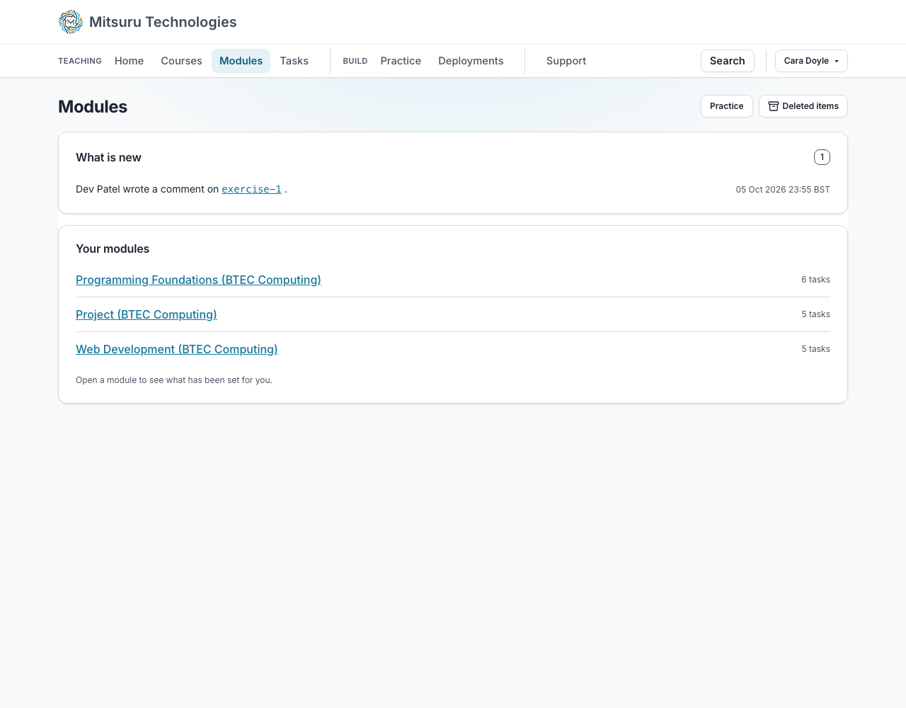 A student's modules page, with what is new at the top and their modules and tasks below