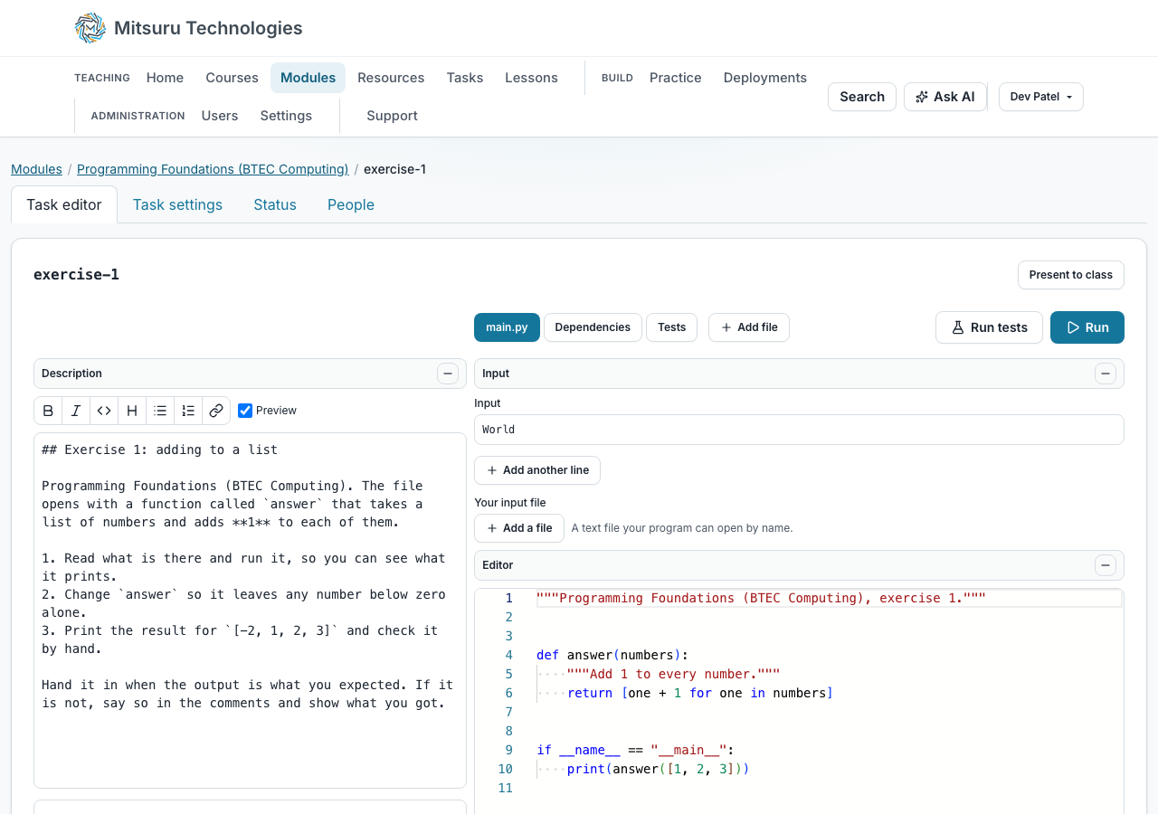 A teacher writing an exercise: the instructions on the left with a live preview, and the starting code on the right