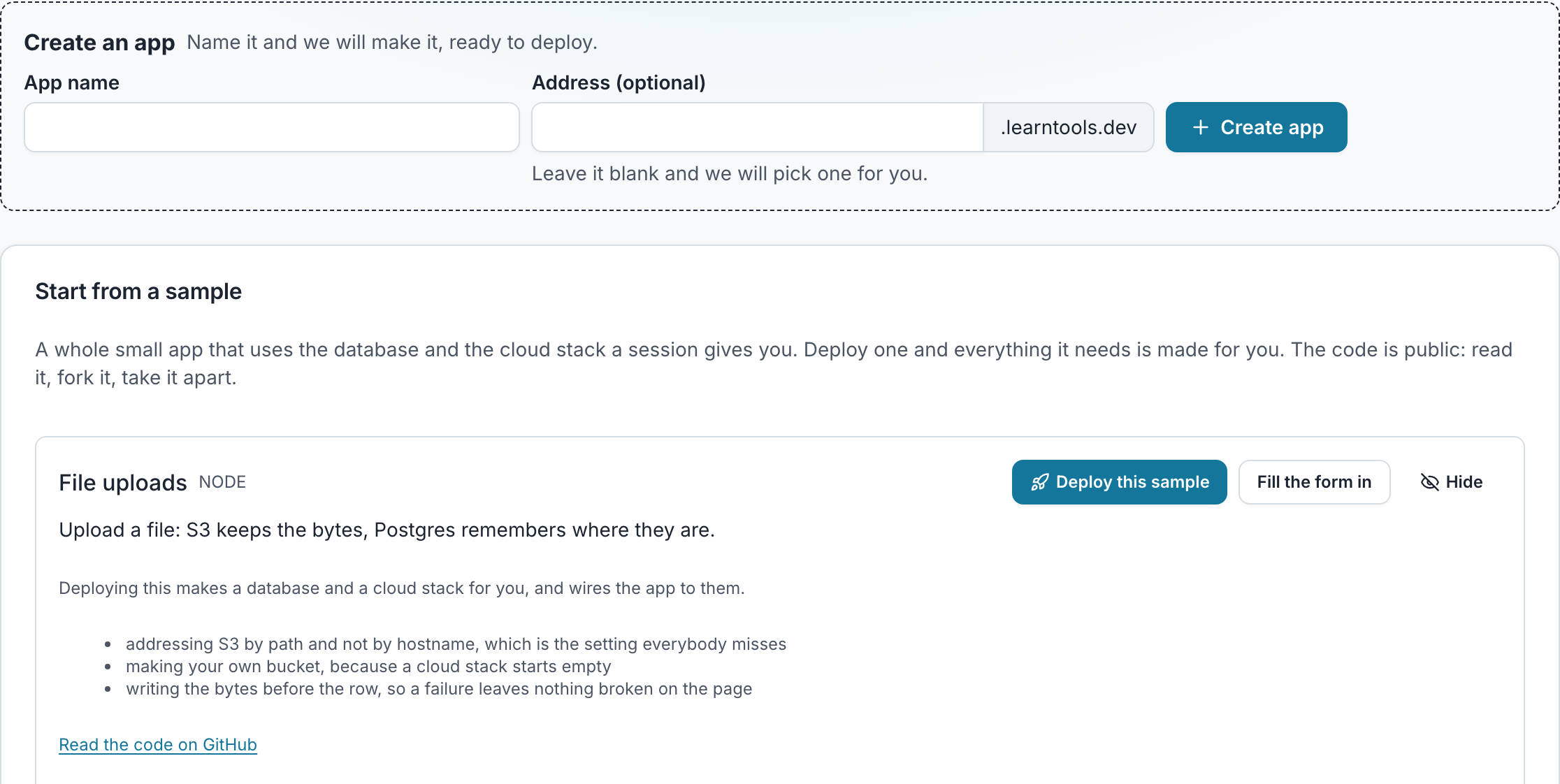 A student’s Deployments page: a form to create an app on an address of its own, and a sample app that makes its own database and cloud stack