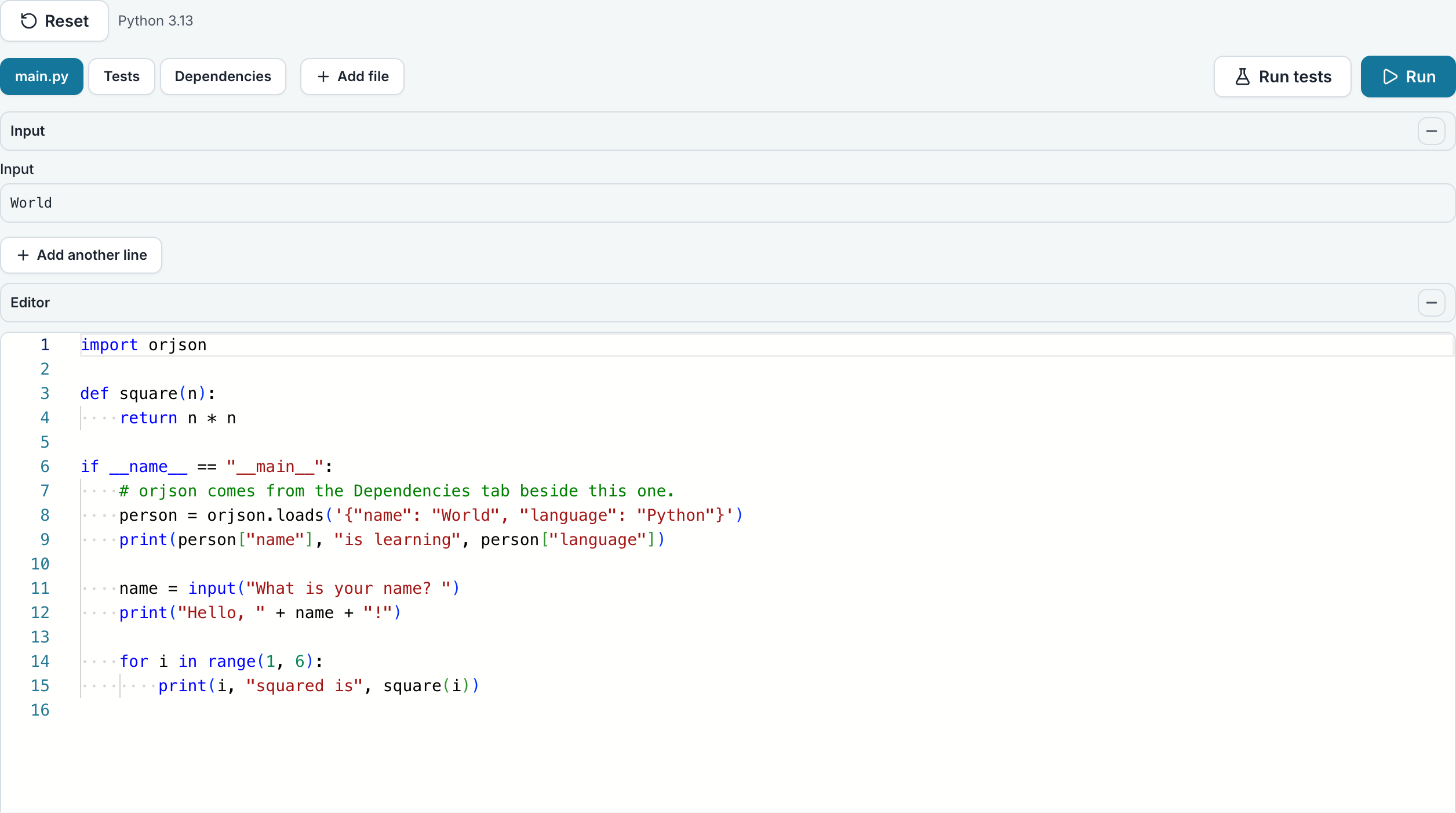 The Python editor with a program, the Run and Run tests buttons, and its printed output below