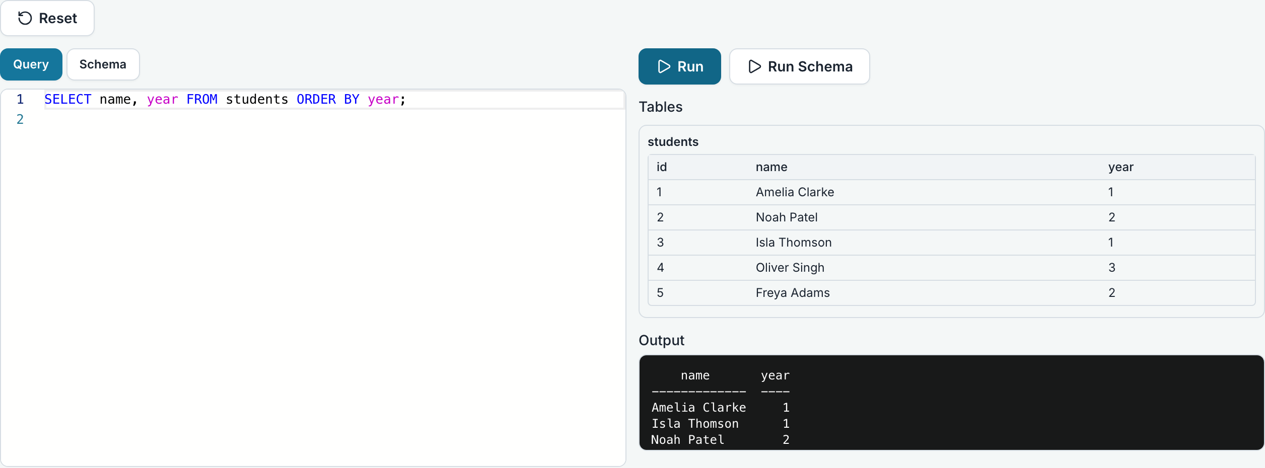 An SQL task: the query, the schema beside it and the rows it returned